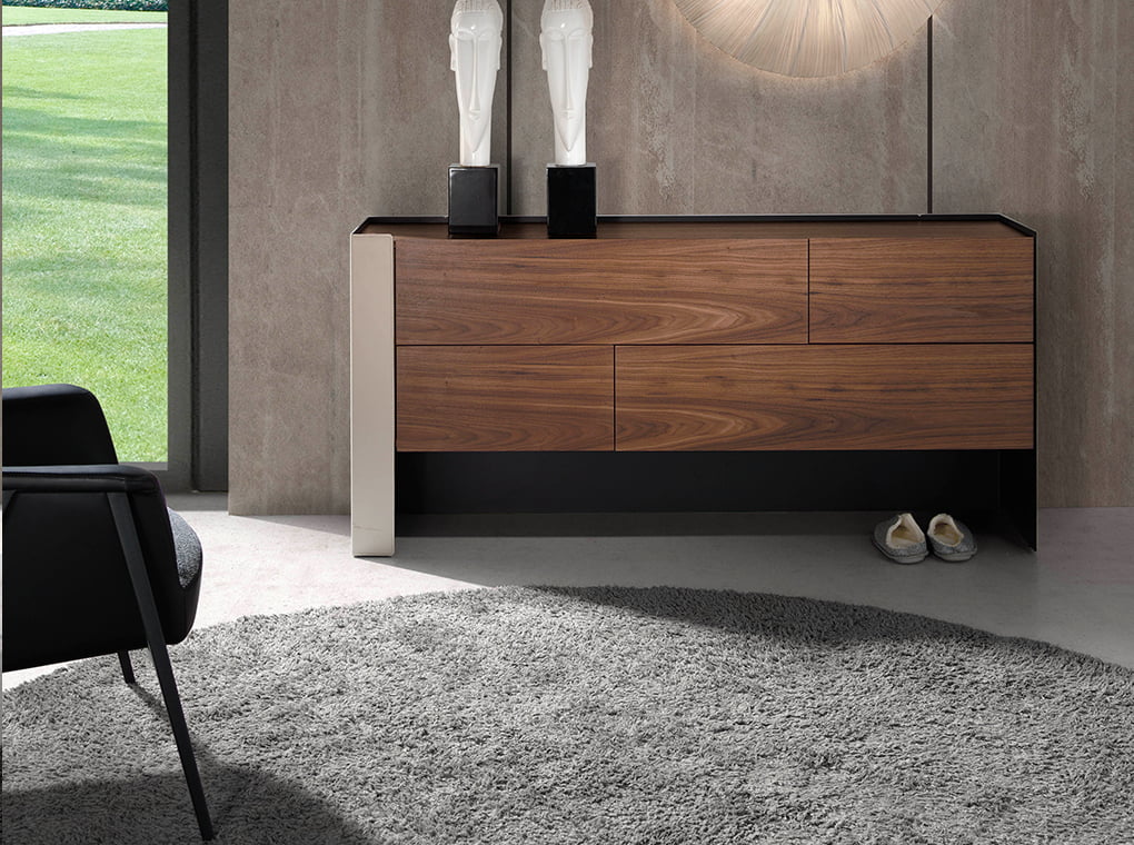 Chest of drawers in walnut wood and chrome-plated steel and recycled leather Chest of drawers in walnut wood and chrome-plated steel and recycled leather