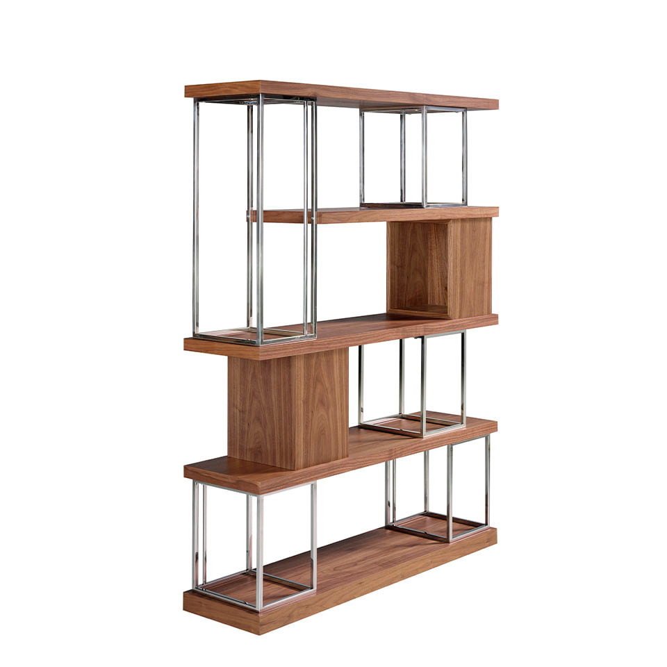 Walnut wood and chrome-plated stainless steel bookshelf