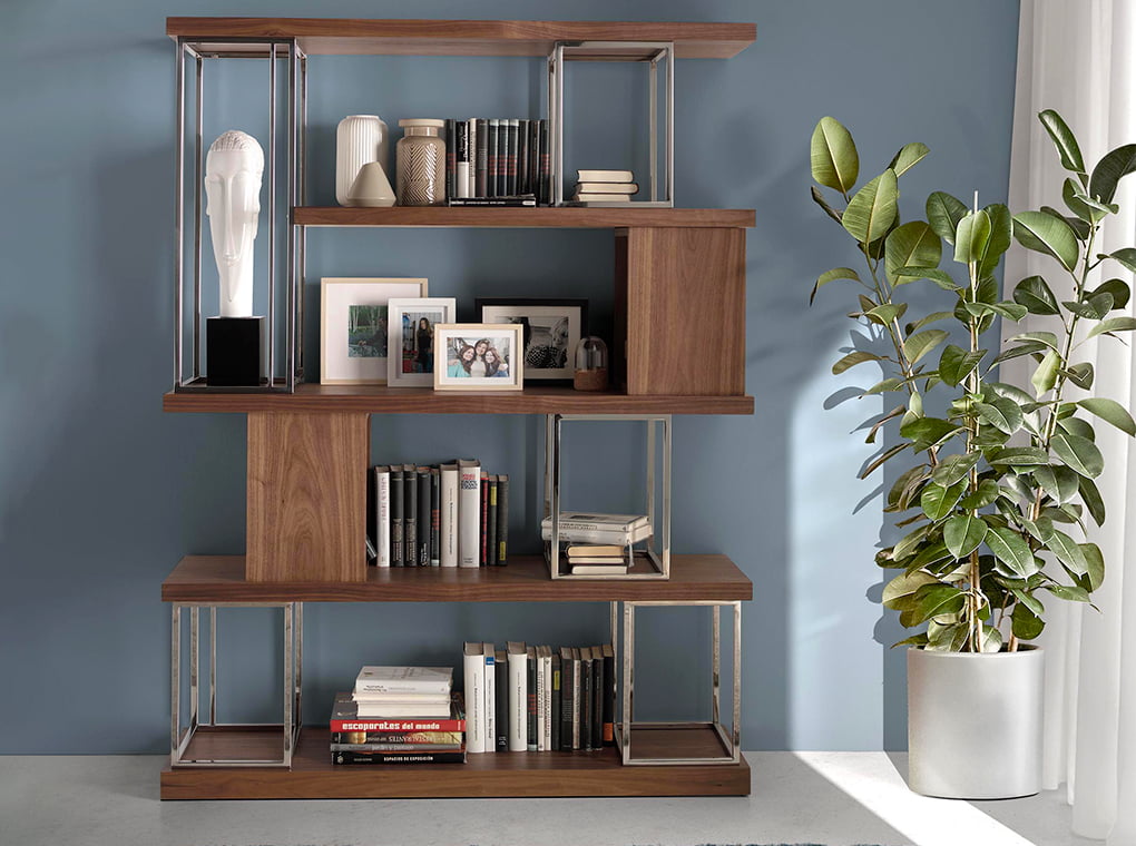 Walnut wood and chrome-plated stainless steel bookshelf