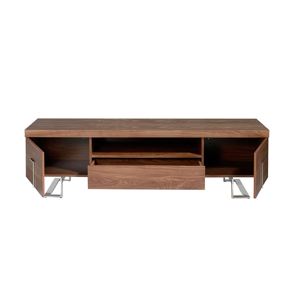 TV stand in walnut wood and chrome-plated steel