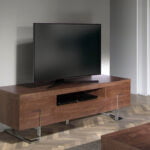 TV stand in walnut wood and chrome-plated steel