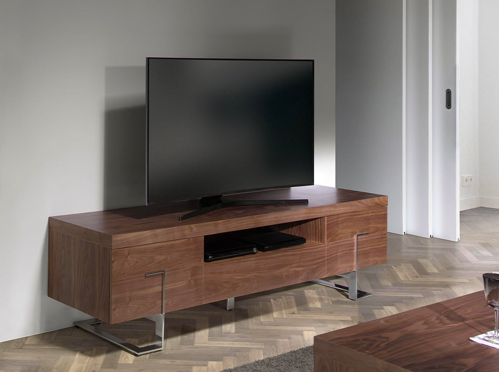 TV stand in walnut wood and chrome-plated steel