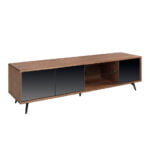 Walnut wood TV cabinet with black mirrored glass doors