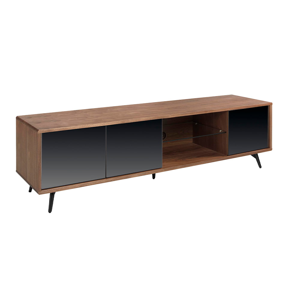 Walnut wood TV cabinet with black mirrored glass doors