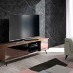 Walnut wood TV cabinet with black mirrored glass doors