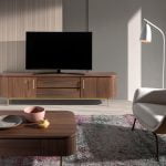 TV stand in walnut wood and golden stainless steel