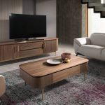 TV stand in walnut wood and golden stainless steel