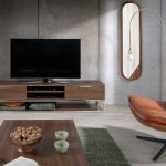 TV stand in walnut wood and chrome-plated steel