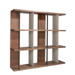 Walnut wood shelving with lacquered sides and black steel