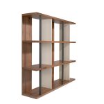 Walnut wood shelving with lacquered sides and black steel