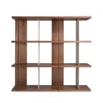 Walnut wood shelving with lacquered sides and black steel