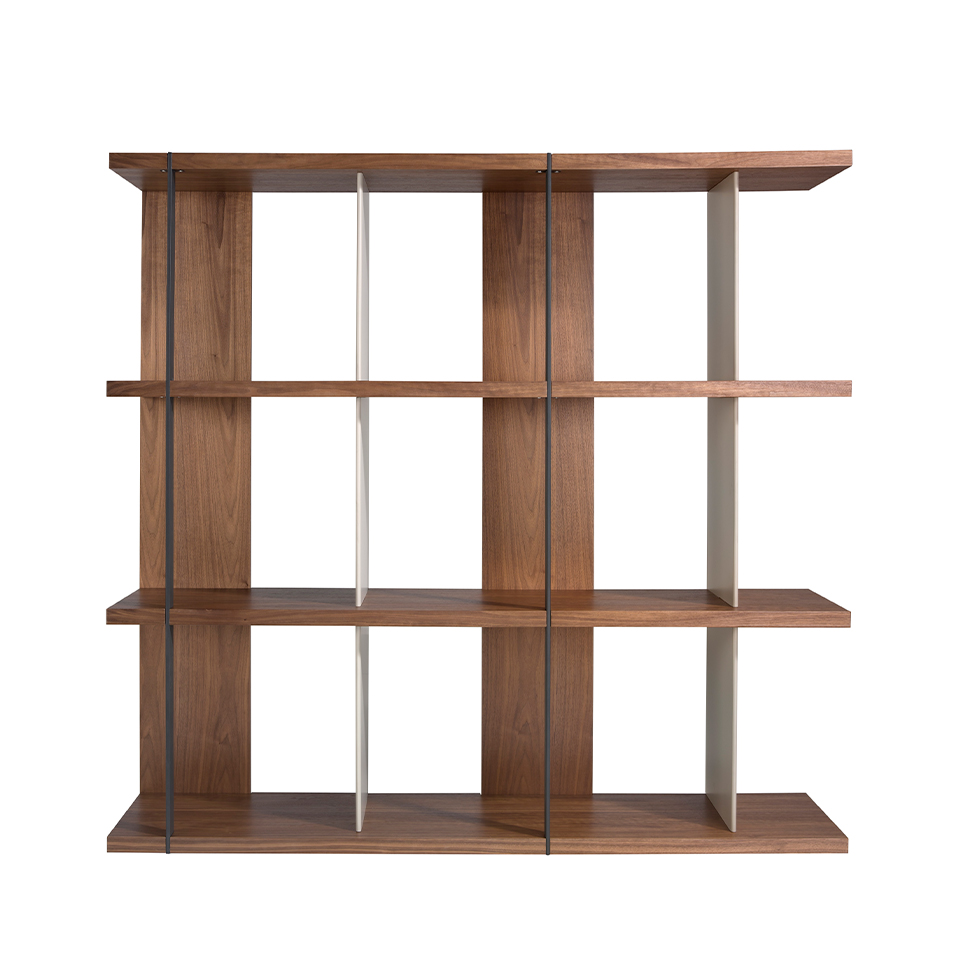 Walnut wood shelving with lacquered sides and black steel