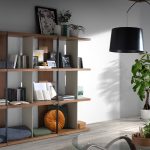 Walnut wood shelving with lacquered sides and black steel