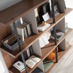 Walnut wood shelving with lacquered sides and black steel