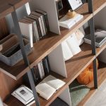 Walnut wood shelving with lacquered sides and black steel