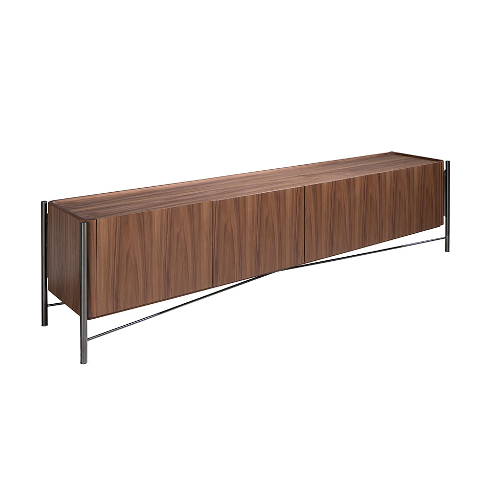 TV stand in walnut wood and darkened steel