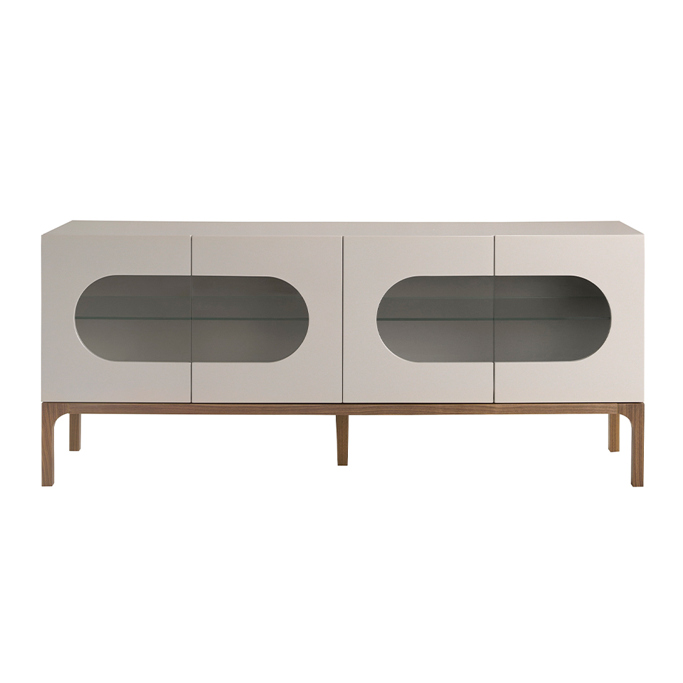 Gray and walnut wood sideboard with interior lighting