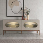 Gray and walnut wood sideboard with interior lighting