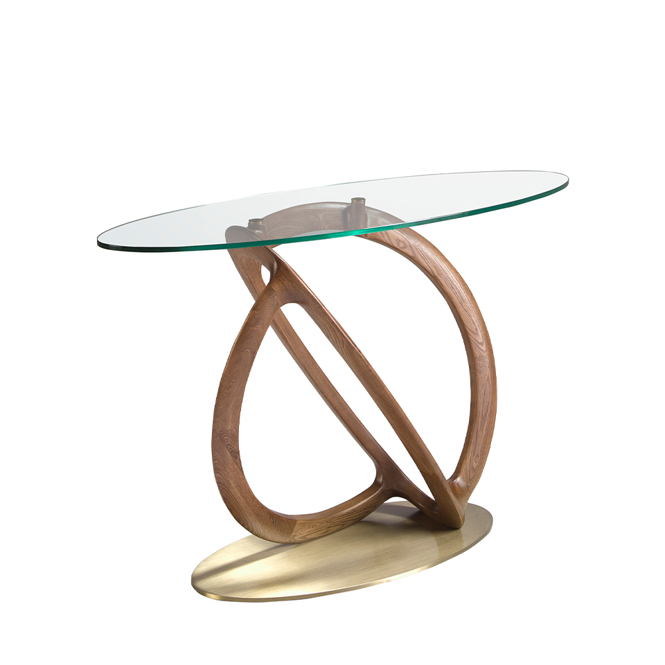 Ovale Wandtisch aus gehärtetes Glas und walnussfarbenes Holz