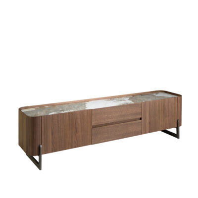 (Español) Mueble TV nogal, acero visón metal y tapa de mármol porcelánico TV cabinet - Angel Cerda
