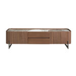 Walnut and dark metallised steel TV cabinet with porcelain marble top