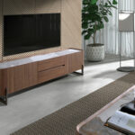 Walnut and dark metallised steel TV cabinet with porcelain marble top