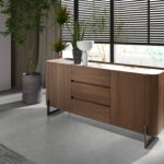 Walnut and dark metallised steel sideboard with porcelain marble top