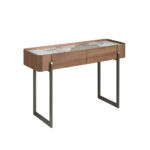 Rectangular porcelain marble, walnut and dark metallic steel console table