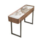 Table console rectangulaire en marbre porcelaine, noyer et acier métallique foncé