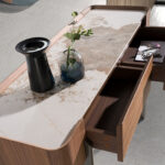 Rectangular porcelain marble, walnut and dark metallic steel console table