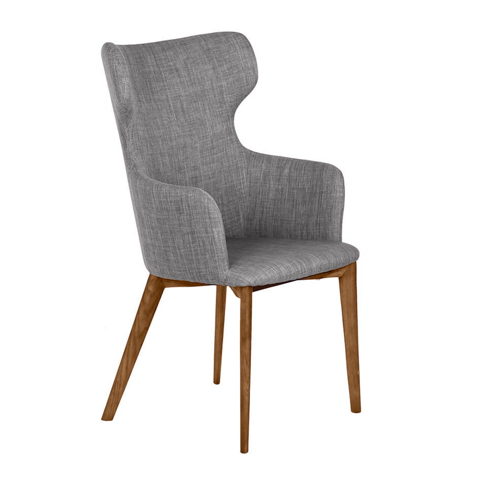Кресло, обитое тканью, с деревянным каркасом цвета орехового дерева