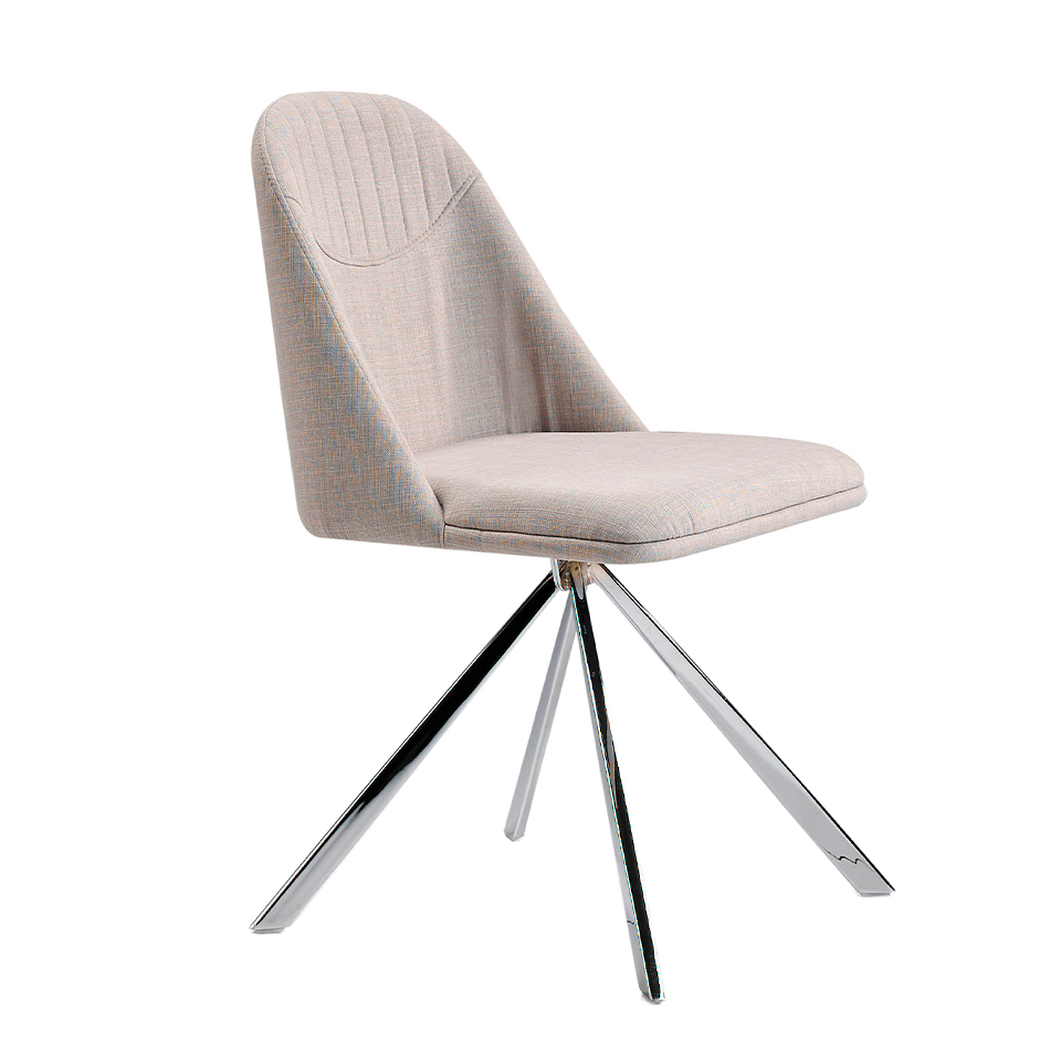 Swivel chair upholstered in fabric with chromed steel legs