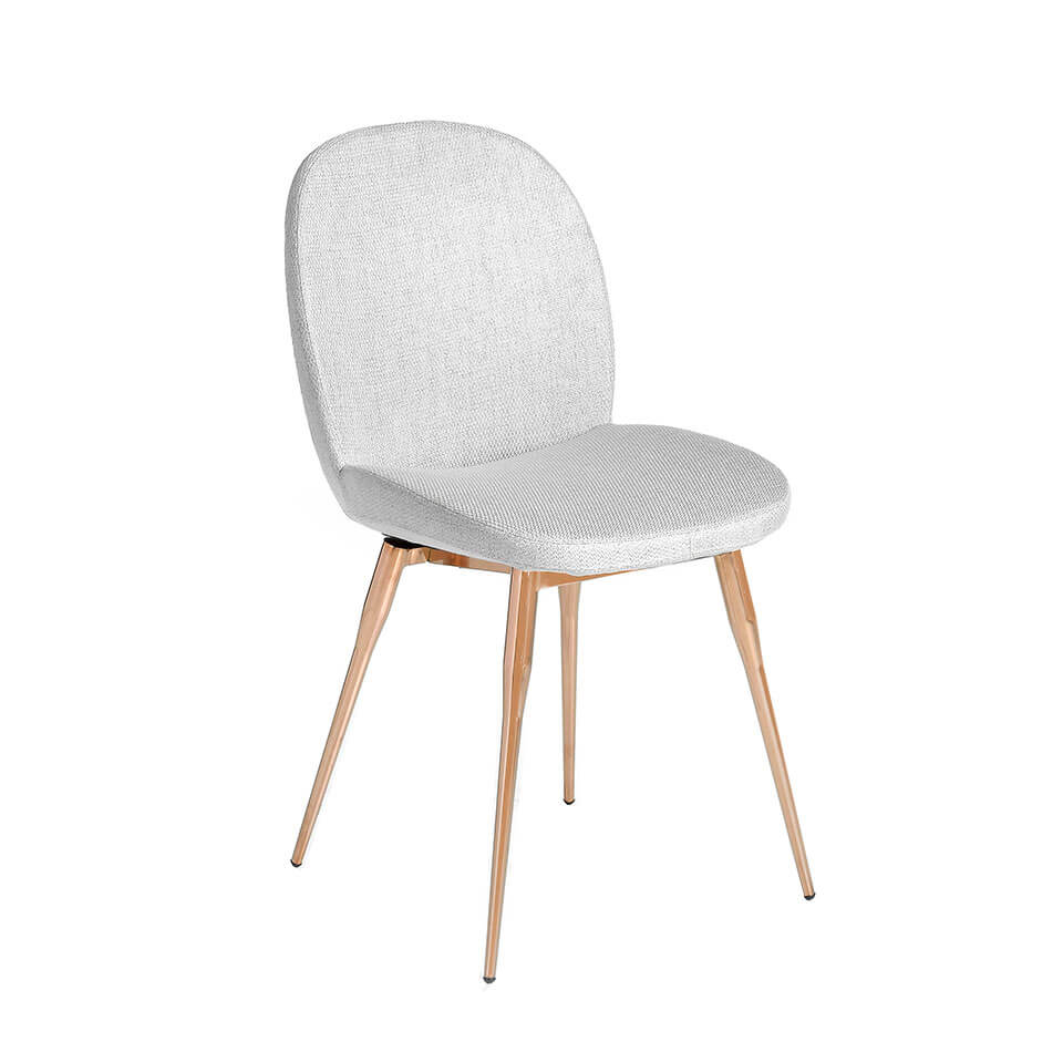 Chair upholstered in fabric with rose gold steel legs