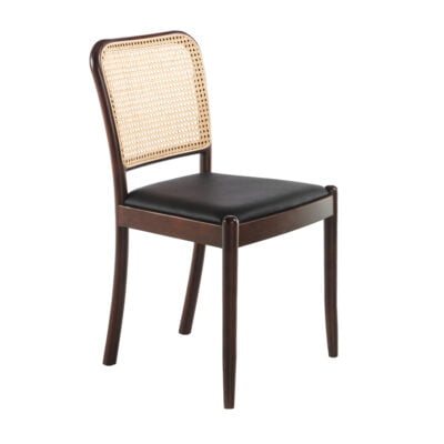 4094 - Stuhl aus Kunstleder mit Rattan-Rückenlehne und Beinen aus Walnussholz