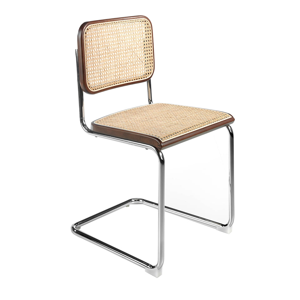 (Español) Silla madera color Nogal con respaldo y asiento de rattan y estructura de acero cromado