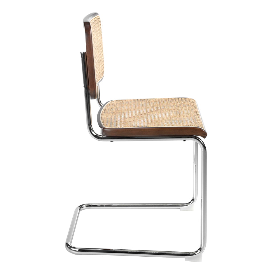 Stuhl aus Walnussholz mit Rückenlehne und Sitz aus Rattan und Gestell aus verchromtem Stahl