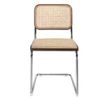 Walnut wood chair with rattan back and seat and chromed steel frame