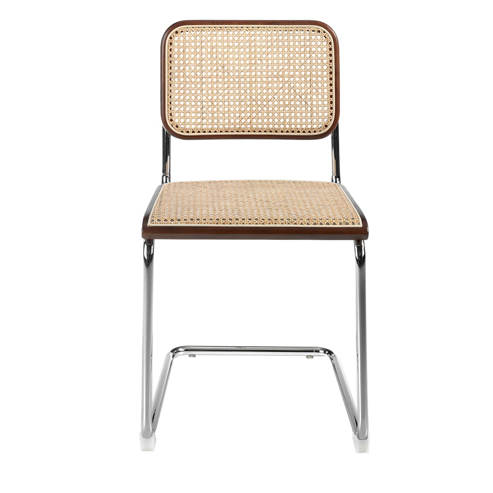 Walnut wood chair with rattan back and seat and chromed steel frame