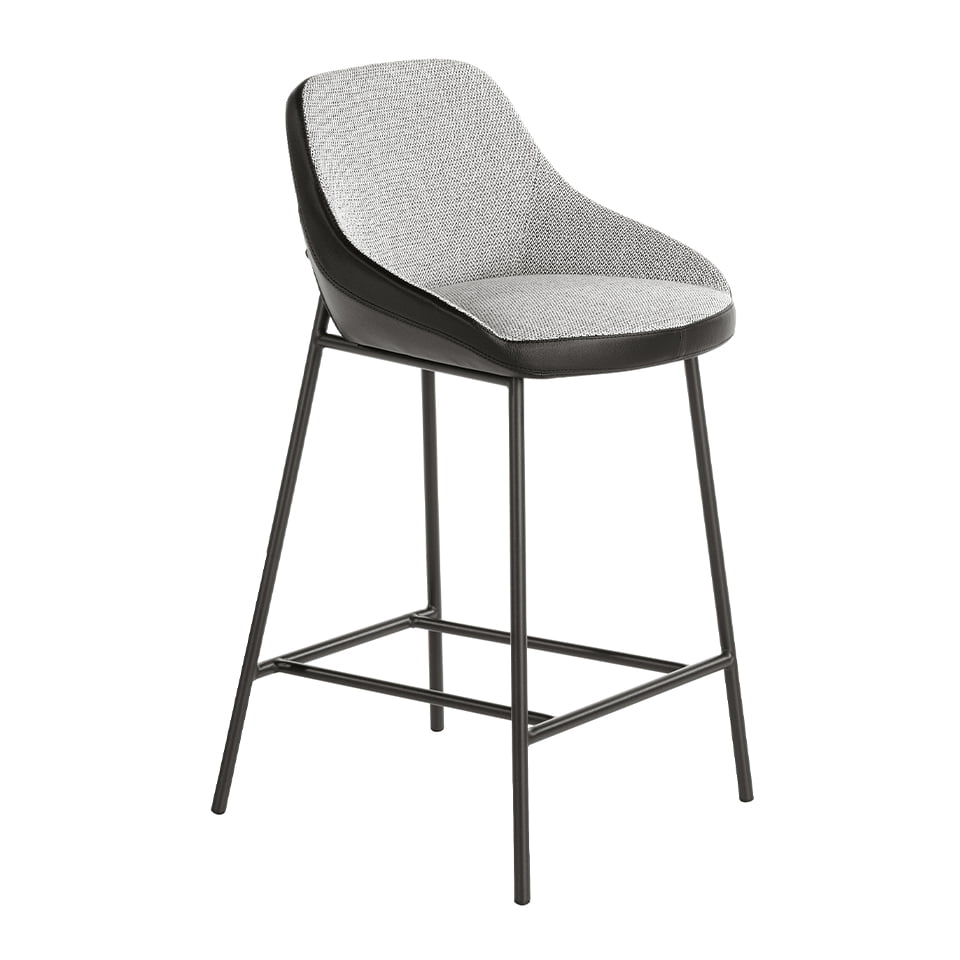 Stool upholstered in fabric and leatherette with black steel legs