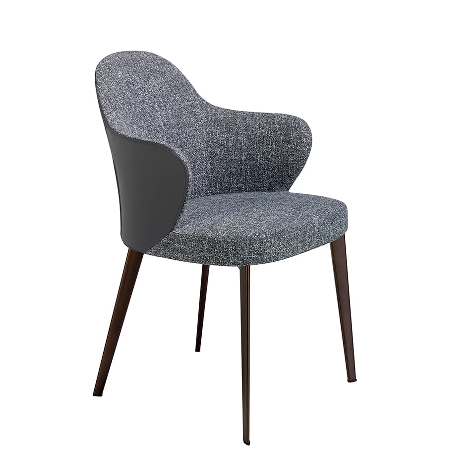 Upholstered fabric and leatherette chair with dark brown steel structure