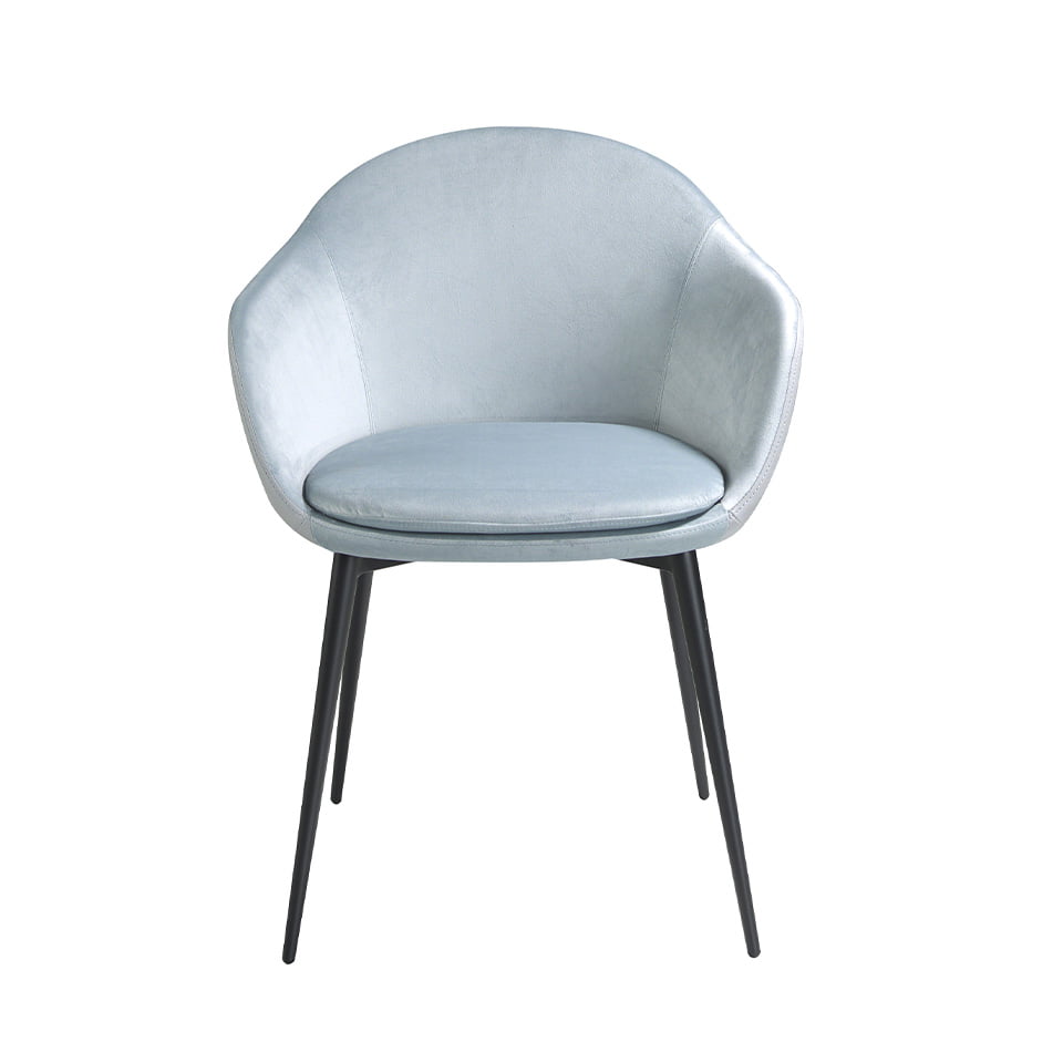 Chaise de salle à manger tapissée de velours et de cuir écologique. Structure en acier noir.