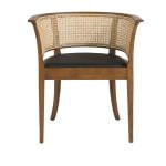 Dining chair upholstered in eco-leather with rattan mesh back. Structure in ash wood painted in walnut colour.