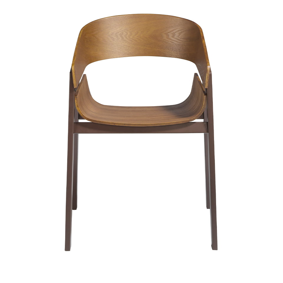 Walnut veneered wood chair with brown steel structure