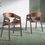 Walnut veneered wood chair with brown steel structure