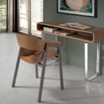 Walnut veneered wood chair with brown steel structure