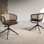 Brown velvet and rattan swivel chair