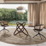 Brown velvet and rattan swivel chair