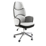 Bürodrehstuhl aus hellgrauem Stoff und glänzend weißem PVC