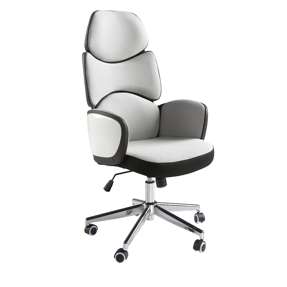 Silla oficina giratoria tela gris claro y pvc blanco brillo