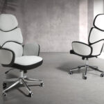 Office swivel chair light grey fabric and glossy white pvc